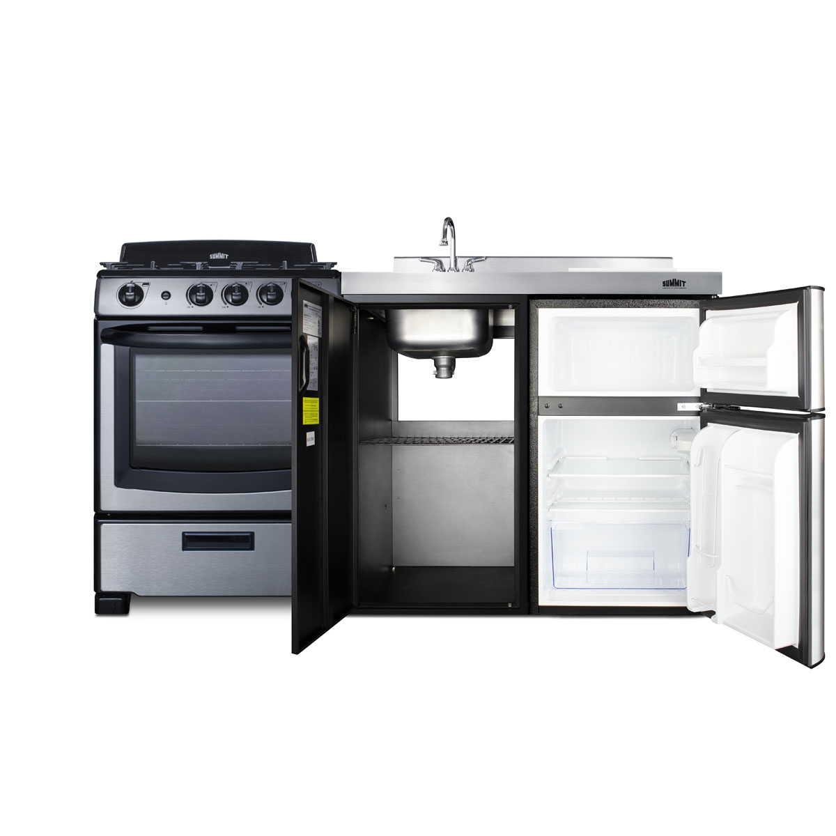 63 inch wide all-in-one kitchenette with full-sized sealed burner gas range with oven, compact refrigerator-freezer, sink, cutting board and cutlery storage, and a storage cabinet in a black finish